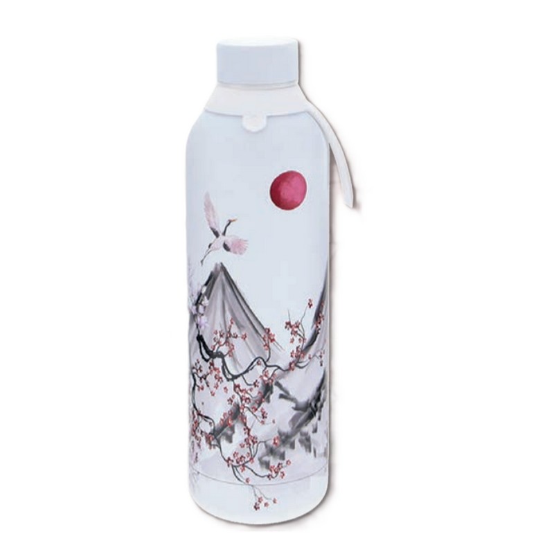 Borraccia termica beige decorata con montagna giapponese e aironi in acciaio inox doppia parete da 750 ml